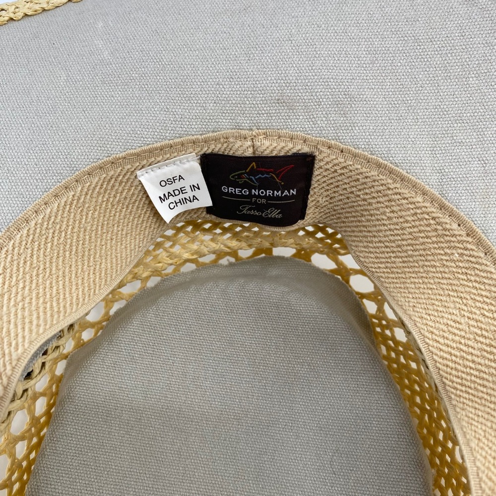 Greg Norman for Tasso Elba Straw Sun Hat Tan Black Band Shark Logo OSFA - Picture 5 of 6